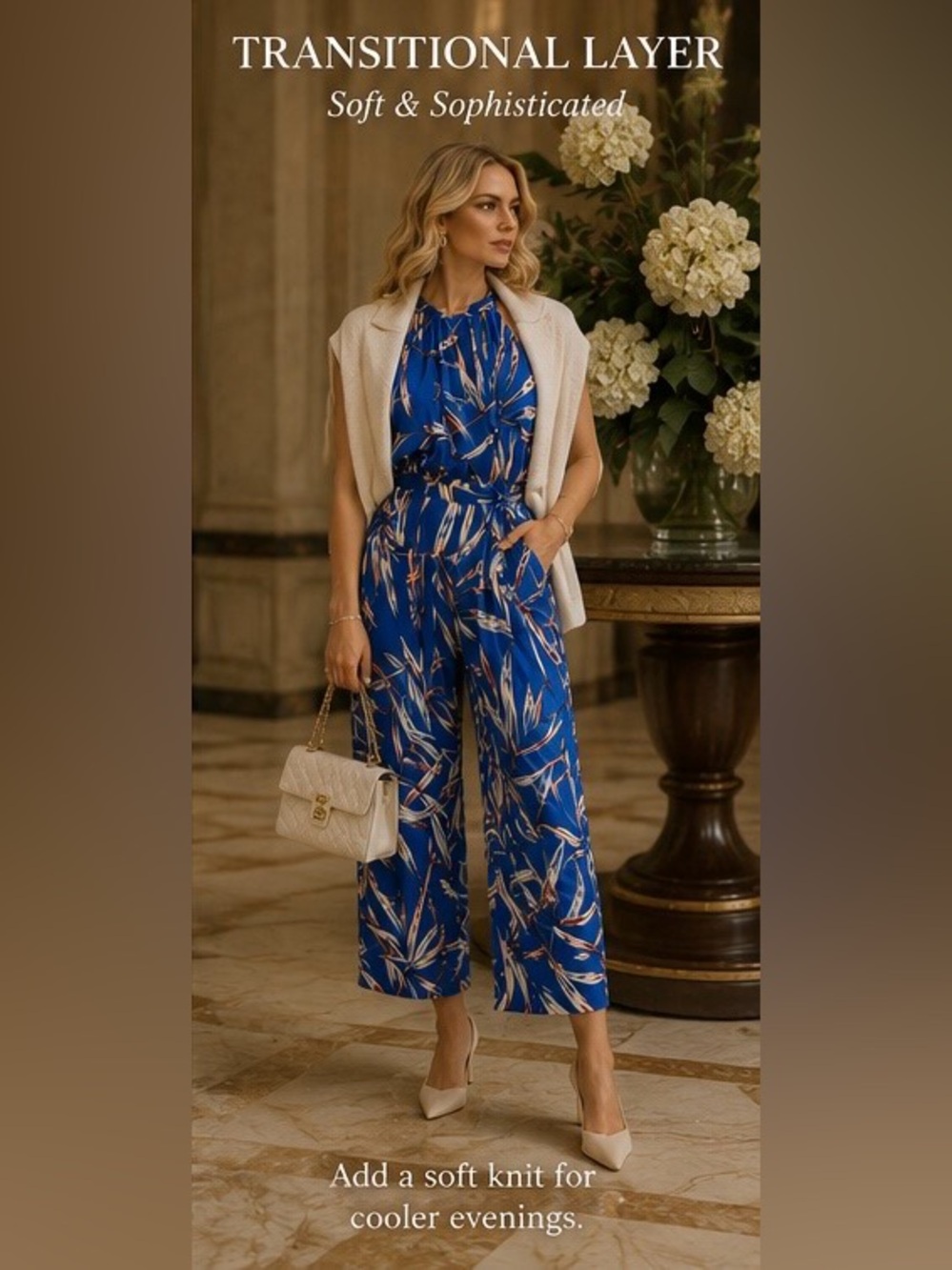 🔥Blogger Favorite Blue Tropical Print Cropped Jumpsuit ✨ Greece Vacation Luxe - Picture 8 of 13